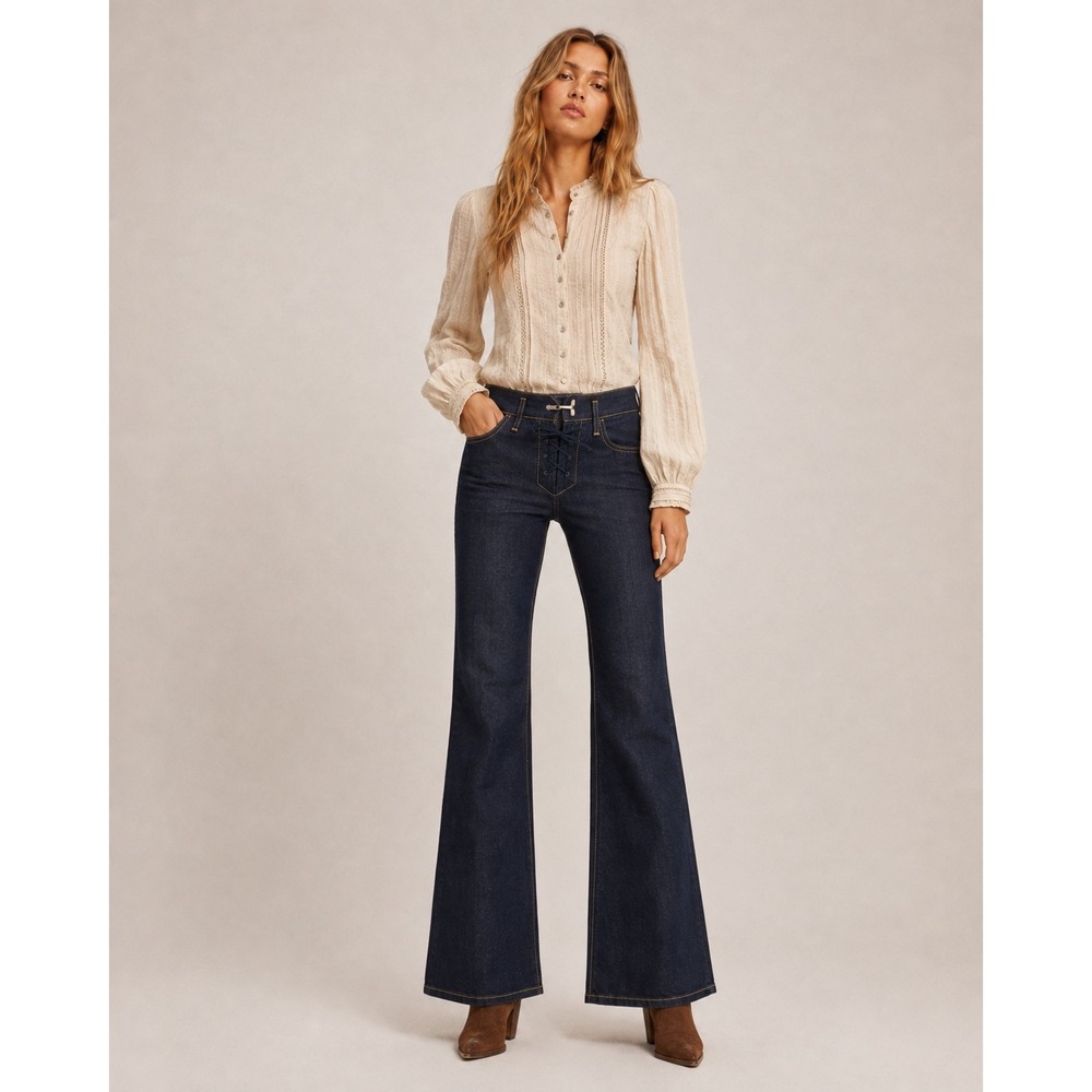 Haelo Dark Wash Lace Up Flare Jeans Low Rise Wide Leg Denim Sz 25 NWT Western